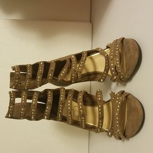 Beige Peep Toe Spike Stiletto High Heel Ankle Boots Studs Size 8